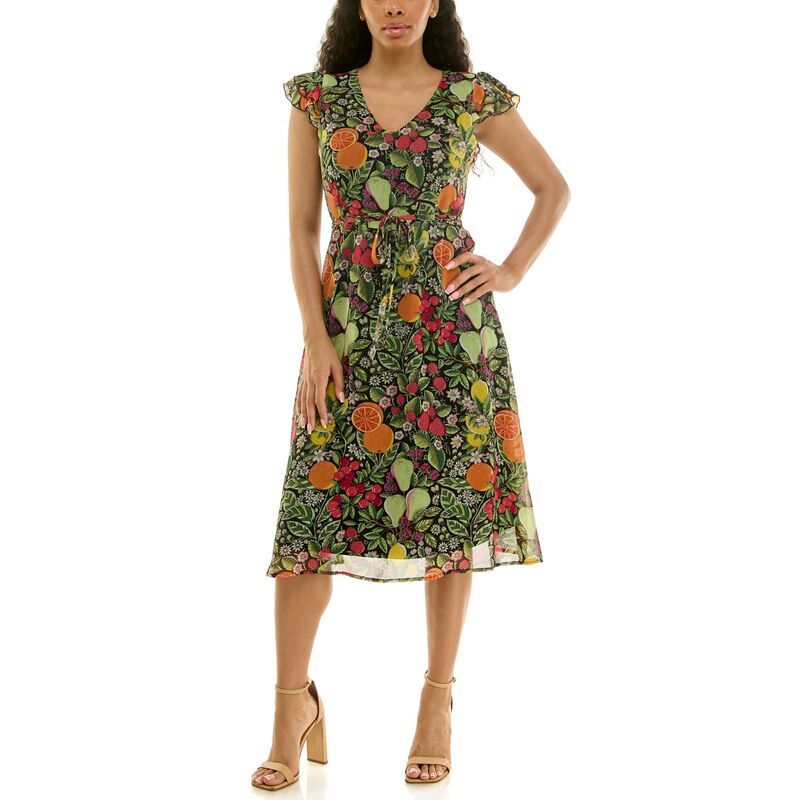 ニナレオナルド レディース トップス ワンピース シフォン プリント Womens Nina Leonard Print Flutter Sleeve Chiffon Dress Black Gree
