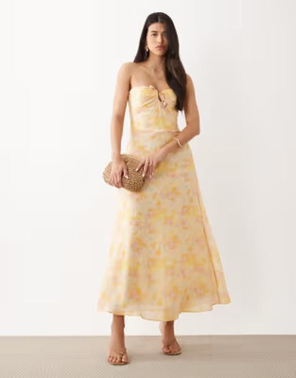 バードット レディース トップス ワンピース フラワー柄 ストラップレス フラワー Bardot Amina strapless midaxi dress in yellow floral Yello