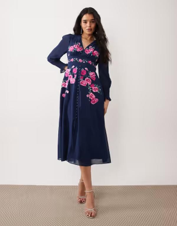 ホープ＆アイビー レディース トップス ワンピース ミディ 刺繍 Hope Ivy wrap bust embroidered midi dress with button front NAVY ネイ 44,070円
