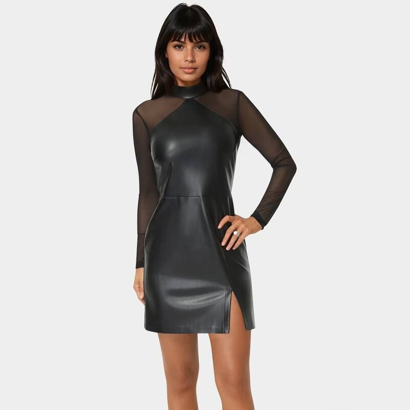 ベベ レディース トップス ワンピース モックネック メッシュ レザー フェイクレザー Womens bebe Faux Leather Mesh Mock Neck Dress Black ブラック