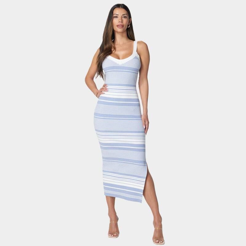 ベベ レディース トップス ワンピース ミディ セーター Womens bebe Striped Sweater Midi Dress Blue White ホワイト
