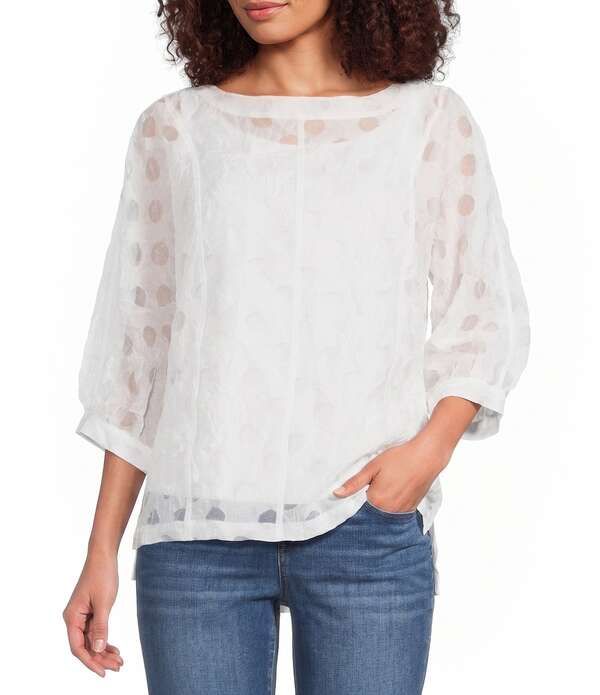 アリ マイルス レディース トップス シャツ Ali Miles Woven Burnout Dot Round Neck 34 Cuffed Sleeve Popover Top White ホワイ