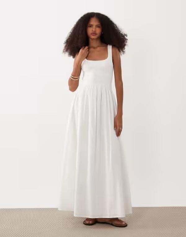エイソス レディース トップス ワンピース リブ ミディ スカート ASOS DESIGN scoop neck midi dress with ribbed bodice and poplin sk