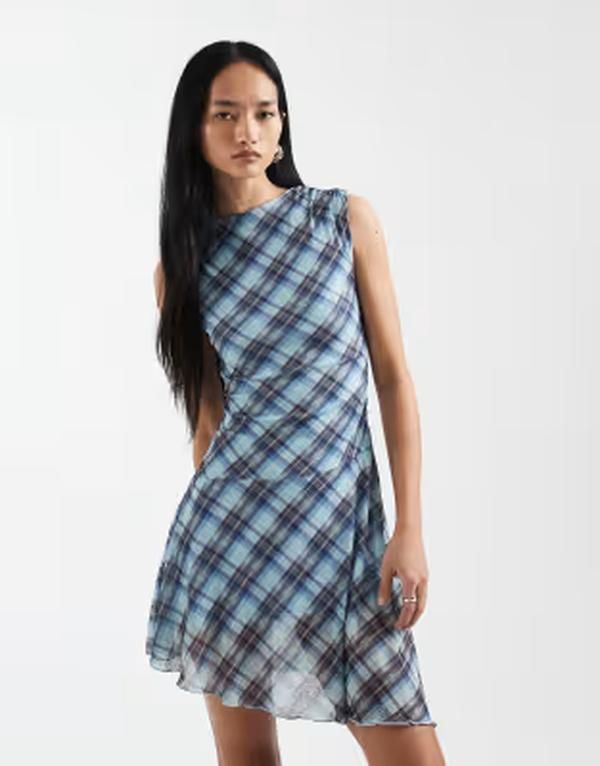 コットンオン レディース トップス ワンピース アシンメトリー ミニ メッシュ Cotton mesh asymmetric hemini dress plaid Blue check ブルー