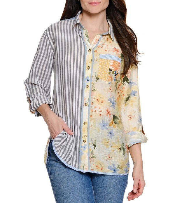 ジョン マーク レディース トップス シャツ フラワー柄 プリント パッチワーク フラワー John Mark Stripe Patchwork Floral Mixed Print Point Co