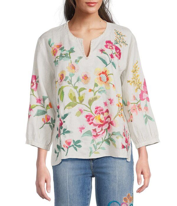 ジョニーワズ レディース トップス シャツ Vネック フラワー柄 刺繍 ブラウス リネン フラワー JOHNNY WAS Linen Floral Embroidered Split VNeck 34