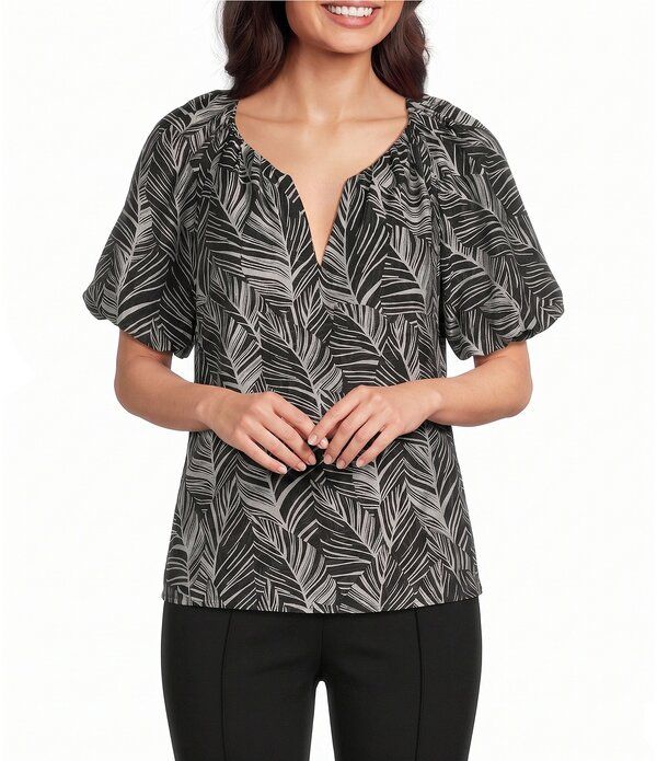 インベストメンツ レディース トップス シャツ プチ プリント ブラウス Investments Petite Size Palm Stencil Print 34 Bubble Sleeve Spl
