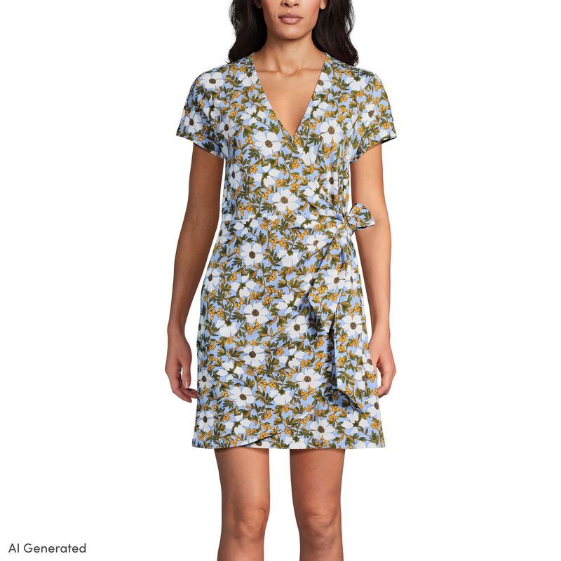 ランズエンド レディース トップス ワンピース Vネック ミニ コットン Womens Lands End Cotton Modal VNeck Mini Wrap Dress Blue Sky Fl