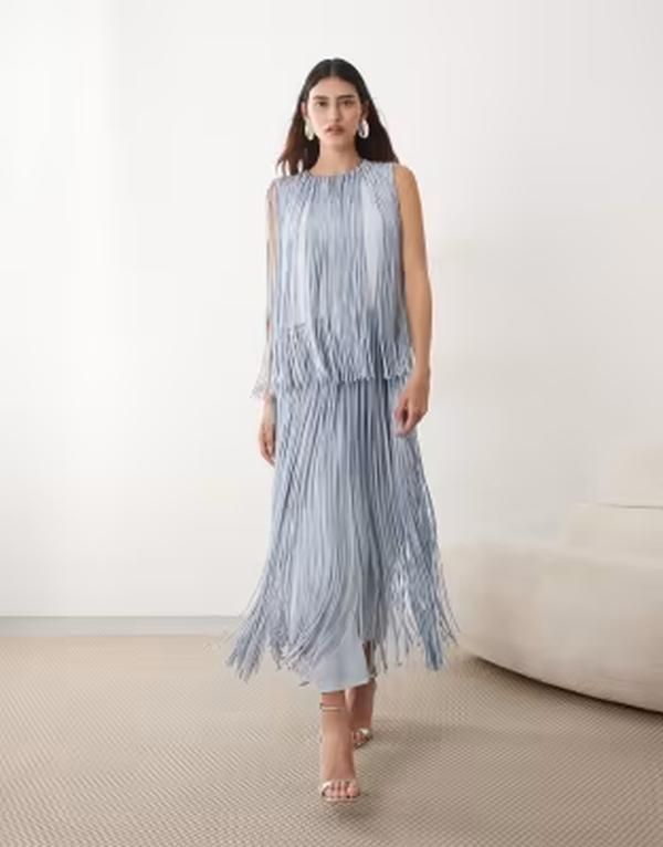 アレンジ レディース トップス ワンピース ティアード フリンジ ARRANGE tie red fringe midaxi dress in pale BLUE ブルー 59,880円
