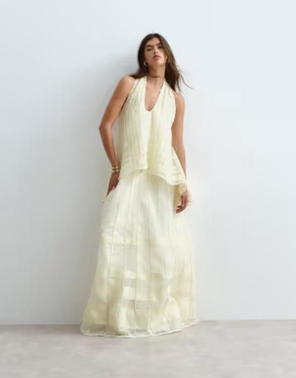 アレンジ レディース トップス ワンピース マキシ ホルター ARRANGE scoop neck organza halter trapeze maxi dress with linear embr 54,480円