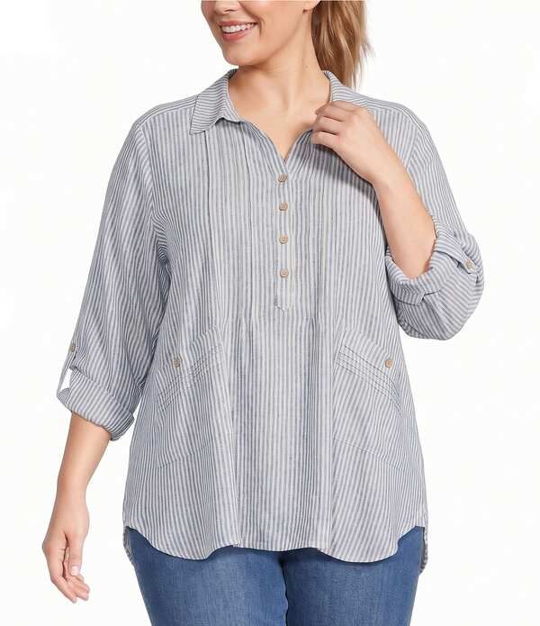マルチプルズ レディース トップス シャツ プラスサイズ Multiples Plusize Woven Yarn Dyed Stripe Point Collar 34 RollTab Sleeve 19,426円