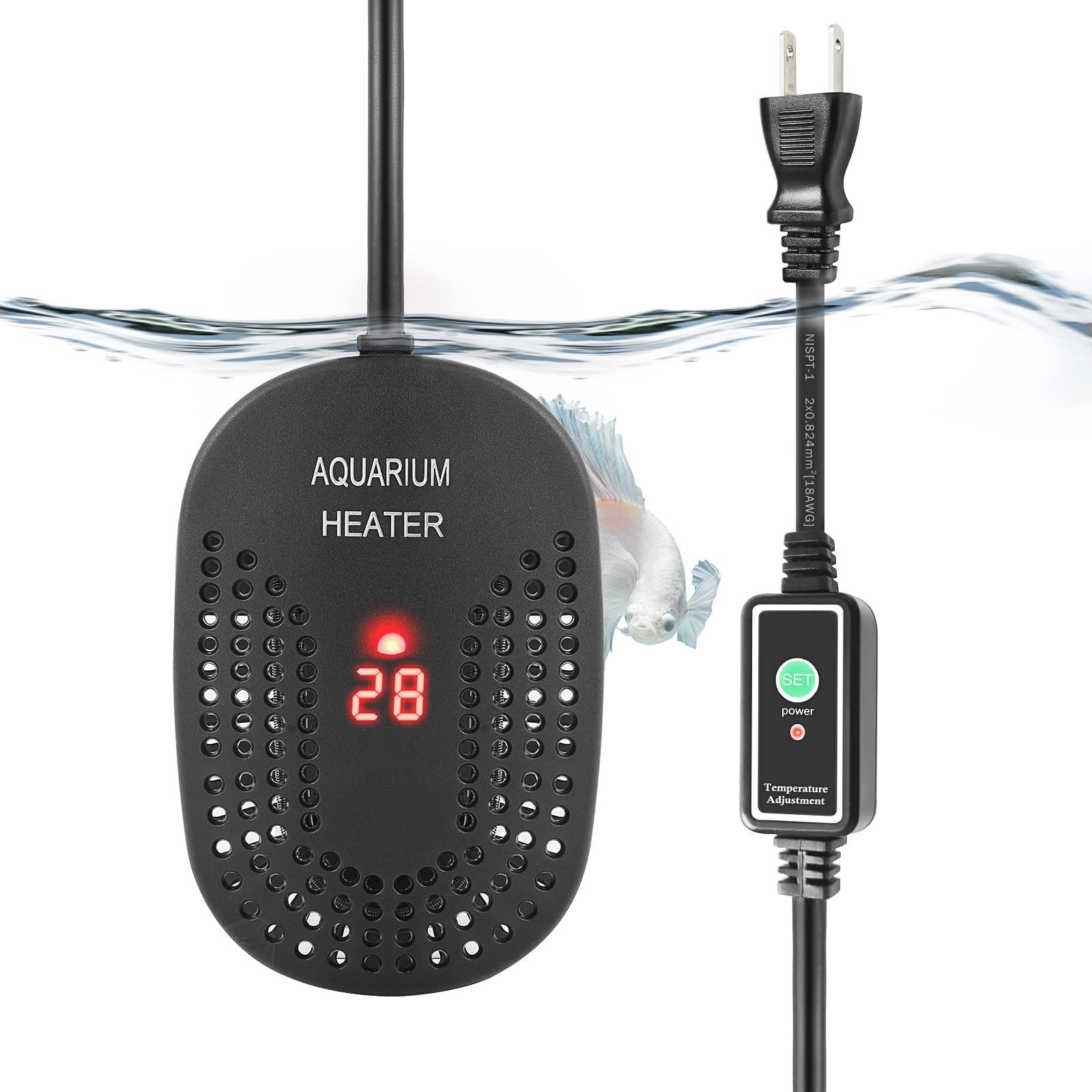 FEDOUR 25Wミニ水槽用ヒーター、デジタル温度表示と外部設定ボタン付きの可調節水槽ヒーター、金魚／メダカ／亀用ヒーター、30L以下の水槽適用 0