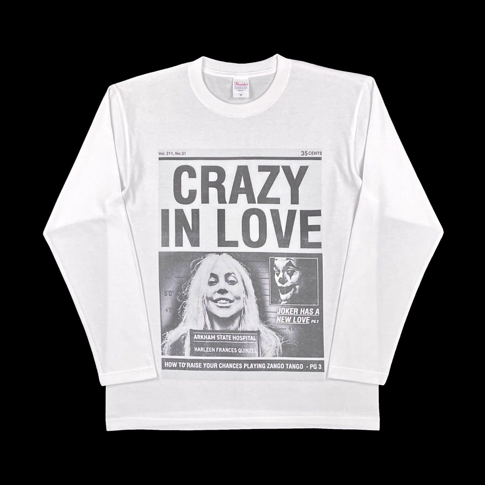 オリジナル ハイクオリティ ビッグプリント ロンT 長袖 Tシャツ 5.6オンス ミディアムウエイト JOKER ジョーカー フォリアドゥ ハーレイクイン ゴシップカバー ホアキンフェニックス レディーガガ 白 ホワイト XS(SS) S M L XL(LL)