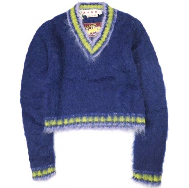 新品 MARNI マルニ 23AW イタリア製 FUZZY WUZZY ブルーストライプトリムモヘヤジャンパー Vネックカレッジニット CVMD0108Q0 UFU108 38 BLUE セーター 定価138,600円 トップス g23020