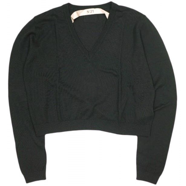 新品 N°21 ヌメロヴェントゥーノ 23SS イタリア製 A2 MAGLIA PULLOVER メリノウールVネッククロップドニット 23S-A030-9000 38 BLACK セーター 定価64,900円 ハイゲージ トップス g22996