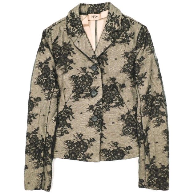 新品 N°21 ヌメロヴェントゥーノ 23SS イタリア製 フラワー刺繍レースジャケット 23SW-L043-4727 42 BLACK/BEIGE 定価162,800円 3B テーラード アウター g23018