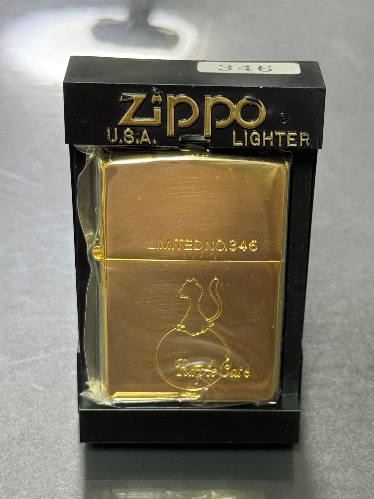 zippo Purple Cat GOLD 工藤静香 限定品 ゴールド 年代物 1999年製 猫 前面刻印 デッドストック シリアルナンバー NO.346 プラケース 保証書