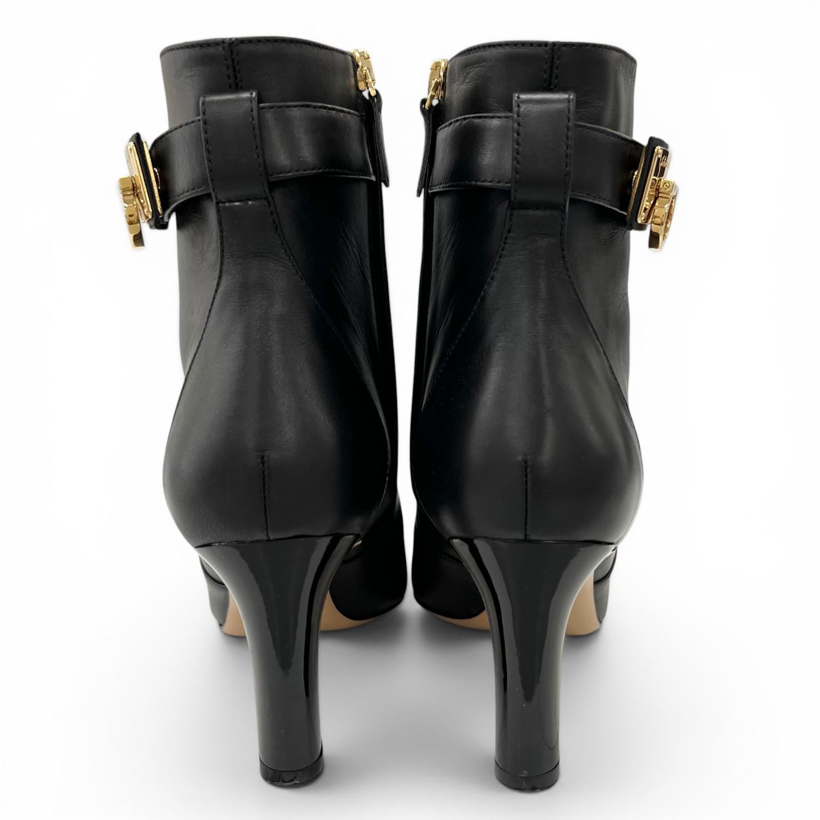 美品▲Salvatore Ferragamo サルヴァトーレフェラガモ RENE C ガンチーニ金具 レザー アンクルブーツ ブラック 8.5 伊製 レディース