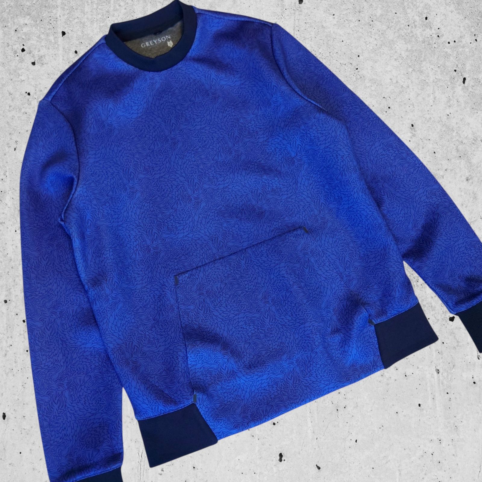 極美品 GREYSON GOLF 総柄 総ロゴカモ テックドライスウェット プルオーバー ボンディング素材 ダンボールニット素材 ネイビー ブルー ブラック メンズ 長袖 ロングスリーブ ライトアウター ミドラー