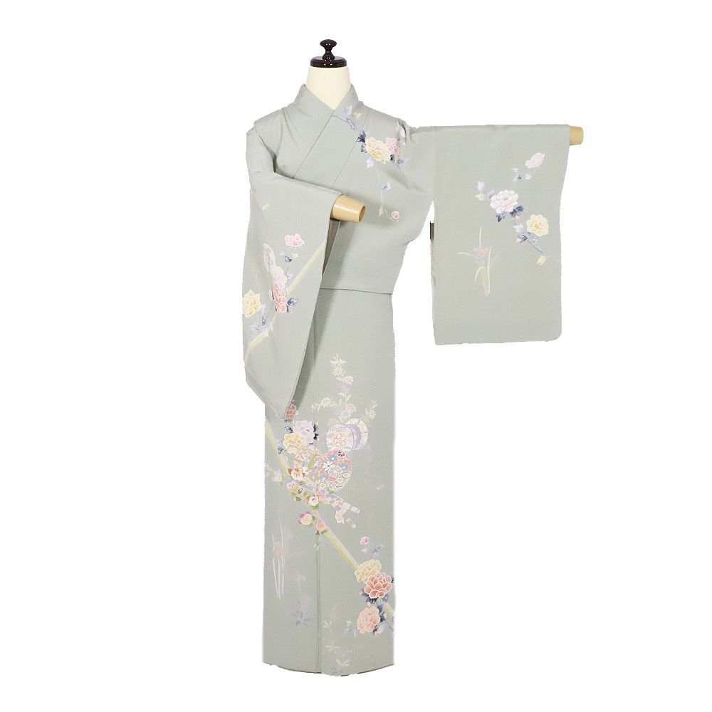 訪問着 長襦袢 セット 正絹 緑 鼓 牡丹 桜 菊 菖蒲 水仙 Mサイズ