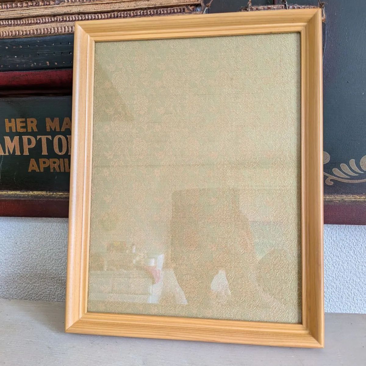 [Unused/with original box] wooden frame art frame, green jacquard panel, floral pattern, botanical pattern, natural wood grain frame, framed wall hanging, photo frame, poster frame, dead stock, antique, classical vintage, retro miscellaneous goods, Scandinavian