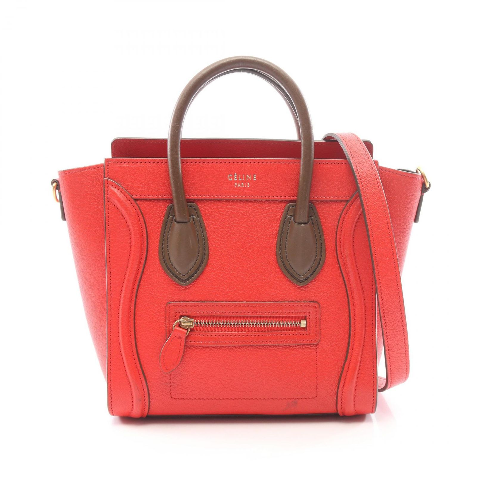 セリーヌ CELINE ハンドバッグ ラゲージ ナノショッパー 2WAY レッド/ブラウン レザー ラゲージ ナノ ショッパー レディース Used B