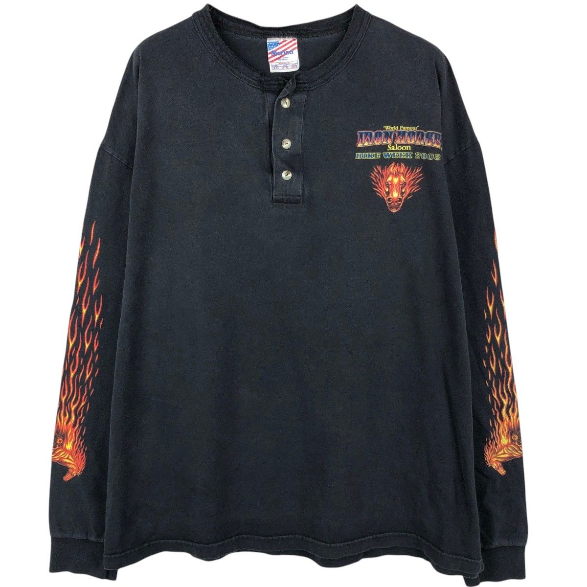 古着 90~00年代 Murina ファイヤーパターン ヘンリーネック ロングTシャツ ロンT USA製 メンズXXL相当 ヴィンテージ/eaa661957