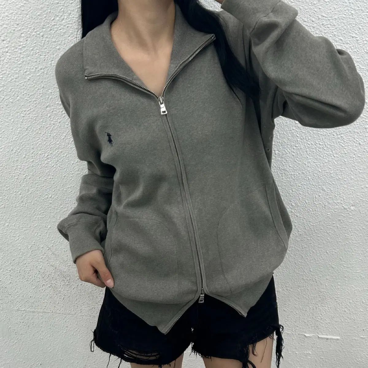 ポロ ラルフローレン ネイビーポニー グレーニット ジップアップ L