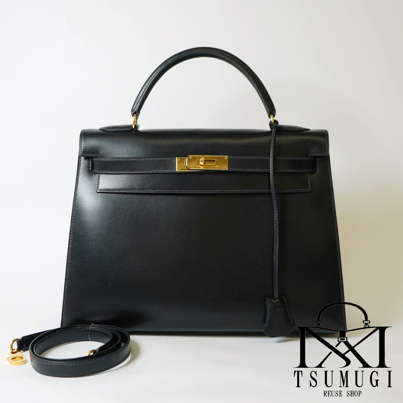 HERMES エルメス ケリー32 セリエ ボックスカーフ ２WAYハンドバッグ ブラック ゴールド金具 ○X刻印 1994年製造 440,000円