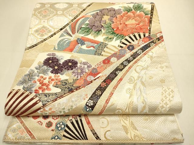 平和屋本店▼西陣　橋本織物謹製　六通柄袋帯　扇面鳳凰花文　純金箔　証紙付き　正絹　逸品　DABJ3968du
