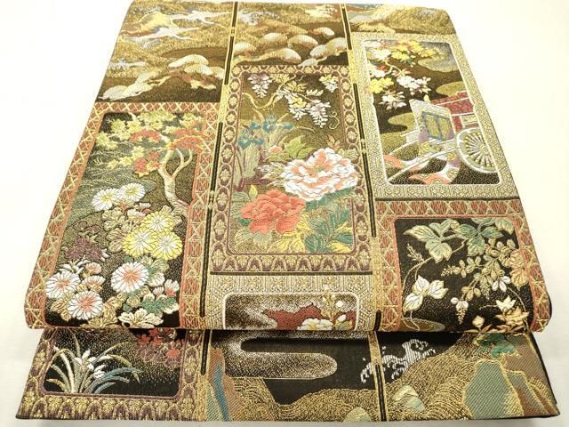 平和屋本店▼六通柄袋帯　唐織　琳派瑞祥錦　黒地　本金箔つづれ　正絹　逸品　DABI7878fe 10,584円