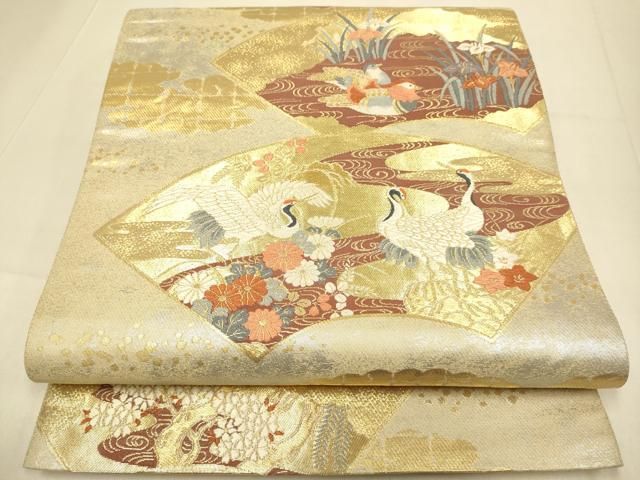 平和屋本店▼西陣　まいづる謹製　六通柄袋帯　唐織　地紙花鳥紋　純金箔　正絹　逸品　DABJ3978du