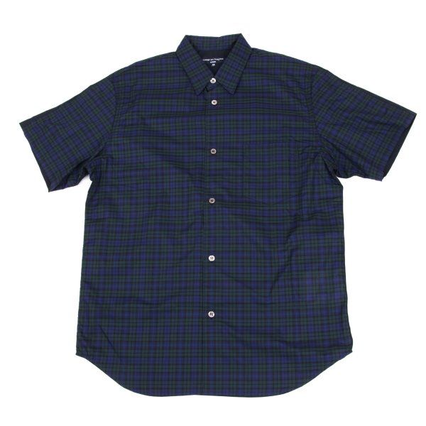 コムデギャルソン オムCOMME des GARCONS HOMME 前後切替デザインチェック半袖シャツ 紺緑XS