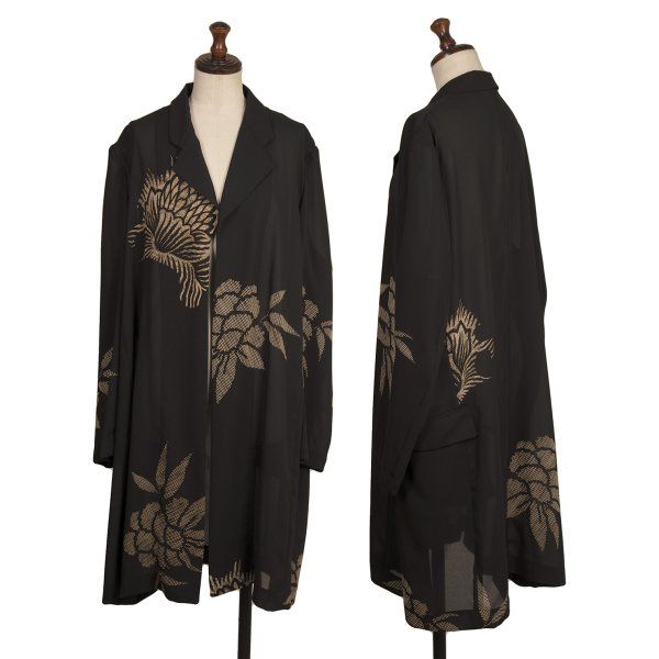 コムデギャルソンCOMME des GARCONS フラワープリントシースルーボタンレスロングジャケット 黒ベージュM