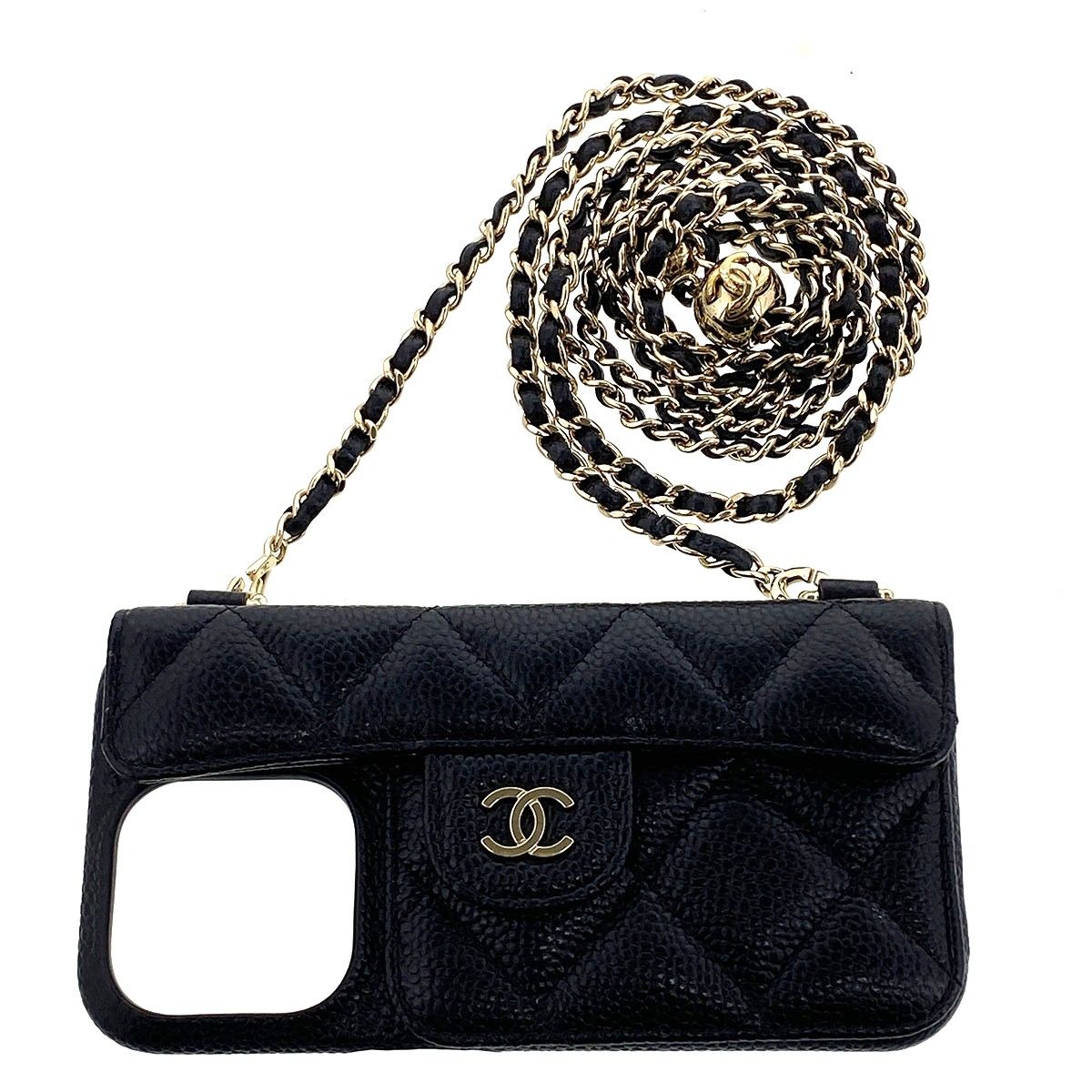 CHANEL シャネル マトラッセ iPhone15Pro ケース 携帯・スマホアクセサリー レディース キャビアスキン ブラック ゴールド金具 中古