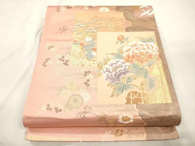 平和屋本店▼六通柄袋帯　唐織　正倉院色紙文　本金二重箔　正絹　逸品　CABL4642dy