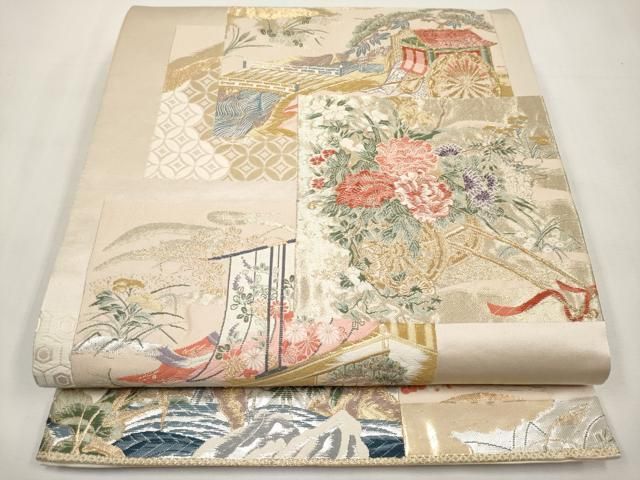 平和屋本店▼六通柄袋帯　唐織　色紙重ね花車文　九百錦純金箔24K　正絹　逸品　CABL1579tx