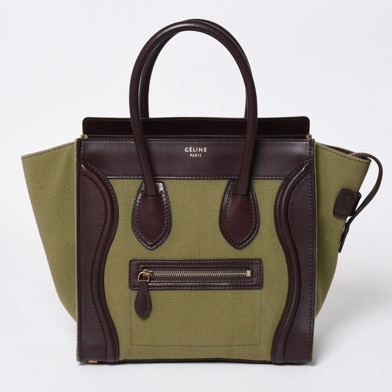 極美品 CELINE セリーヌ ラゲージマイクロショッパー ショルダーバッグ ハンドバッグ フィービー期 カーフスキン カーキ ゴールド金具 中古 4a006221