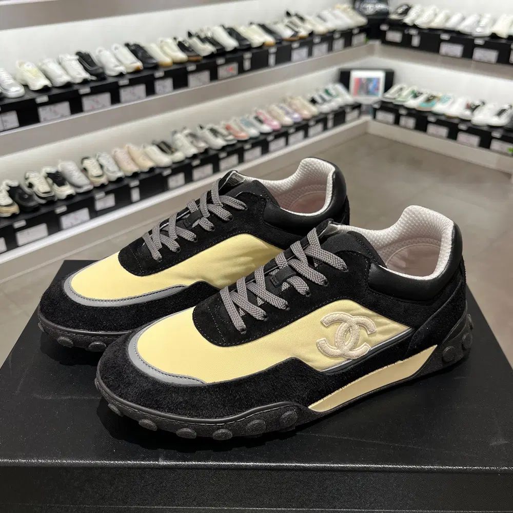 メンズ/CHANEL シャネル スニーカー/ライトイエロー ファブリック カーフスキン スウェード ブラック