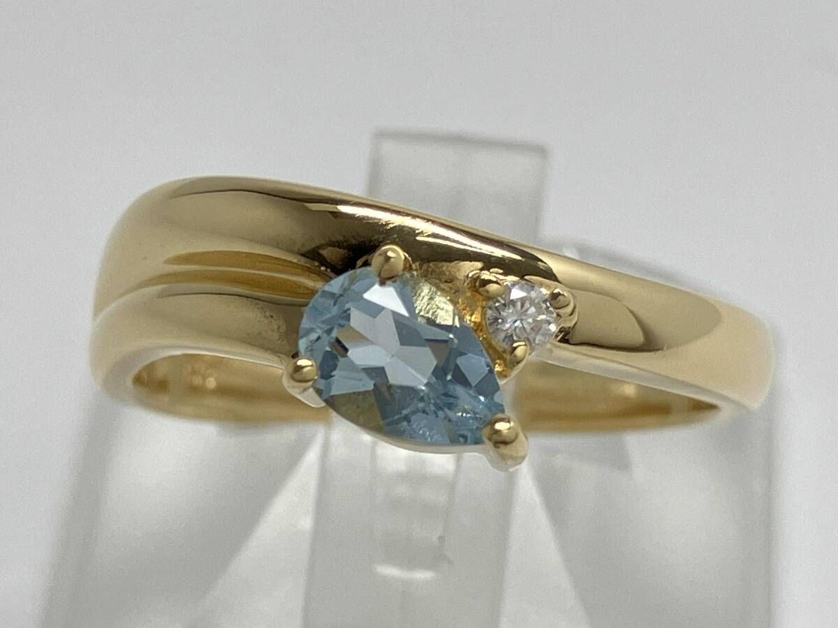【鑑別書有】 K18 天然アクアマリン 0.35ct 天然ダイヤモンド D0.03ct #14 約4.3g リング 指輪 イエローゴールド 18金 約14号 レディース