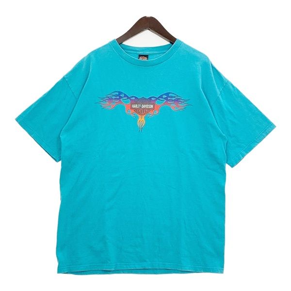 HARLEY DAVIDSON ハーレーダビッドソン 90s Tシャツ カットソー 半袖 バイク メンズ XLサイズ ターコイズブルー トップス DM20096■