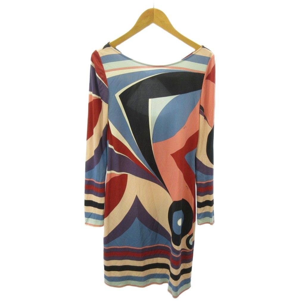 EMILIO PUCCI ワンピース　サイズ38(M)シルク100% 美品 エミリオプッチ EMILIO PUCCI ワンピース 総柄 絹 シルク 長袖 ひざ丈
