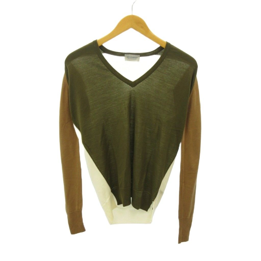 ジョンスメドレー JOHN SMEDLEY 美品 近年 ニット セーター クレイジーパターン ウール 英国製 長袖 S カーキ 白 茶 ホワイト ブラウン 0805 ■IBO101