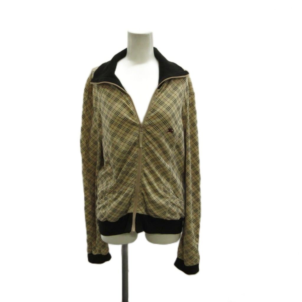 バーバリーブルーレーベル BURBERRY BLUE LABEL トラックジャケット ブルゾン ノバチェック ハイネック ジップアップ ロゴ 刺繍 38 M ベージュ 黒 ブラック /XZ ■GY18