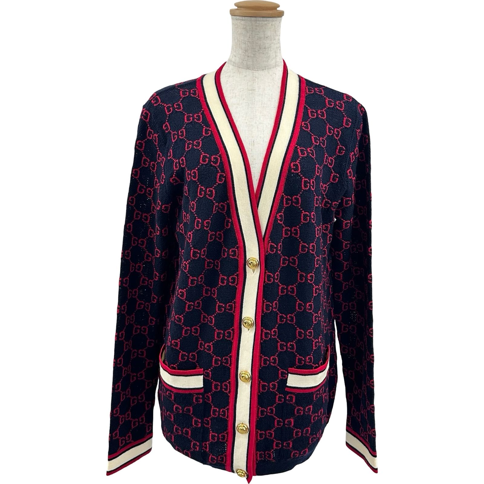 グッチ GUCCI GG総柄ジャガードウールニットカーディガン 554425 ネイビー ウール レディース カーディガン