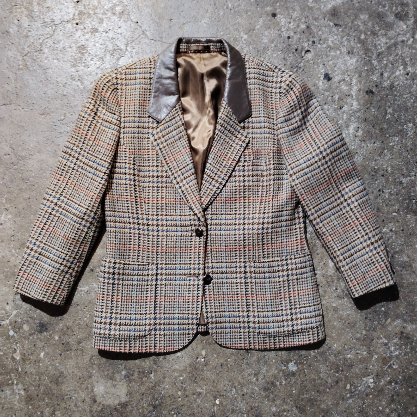 BURBERRY 90s 牛革襟デザイン ツイードテーラードジャケット 白タグ 