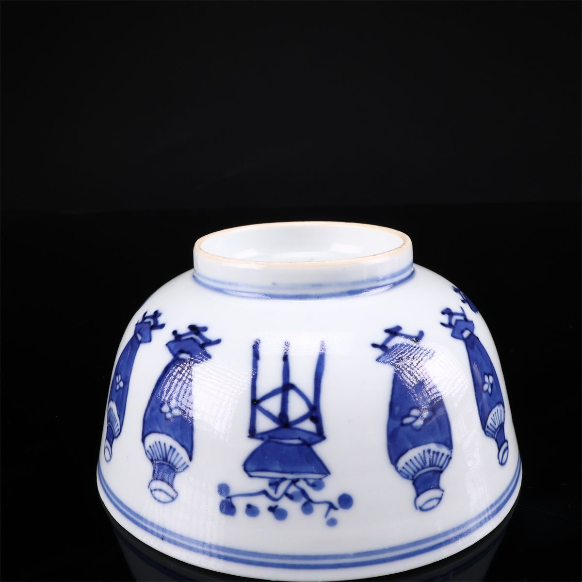 唐物 【清代景徳鎮製】 青花 人物文 茶碗 高6cm 径11.5cm／在銘 口縁に
