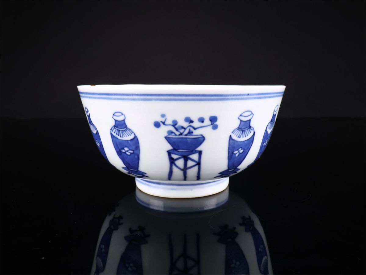 唐物 【清代景徳鎮製】 青花 人物文 茶碗 高6cm 径11.5cm／在銘 口縁に
