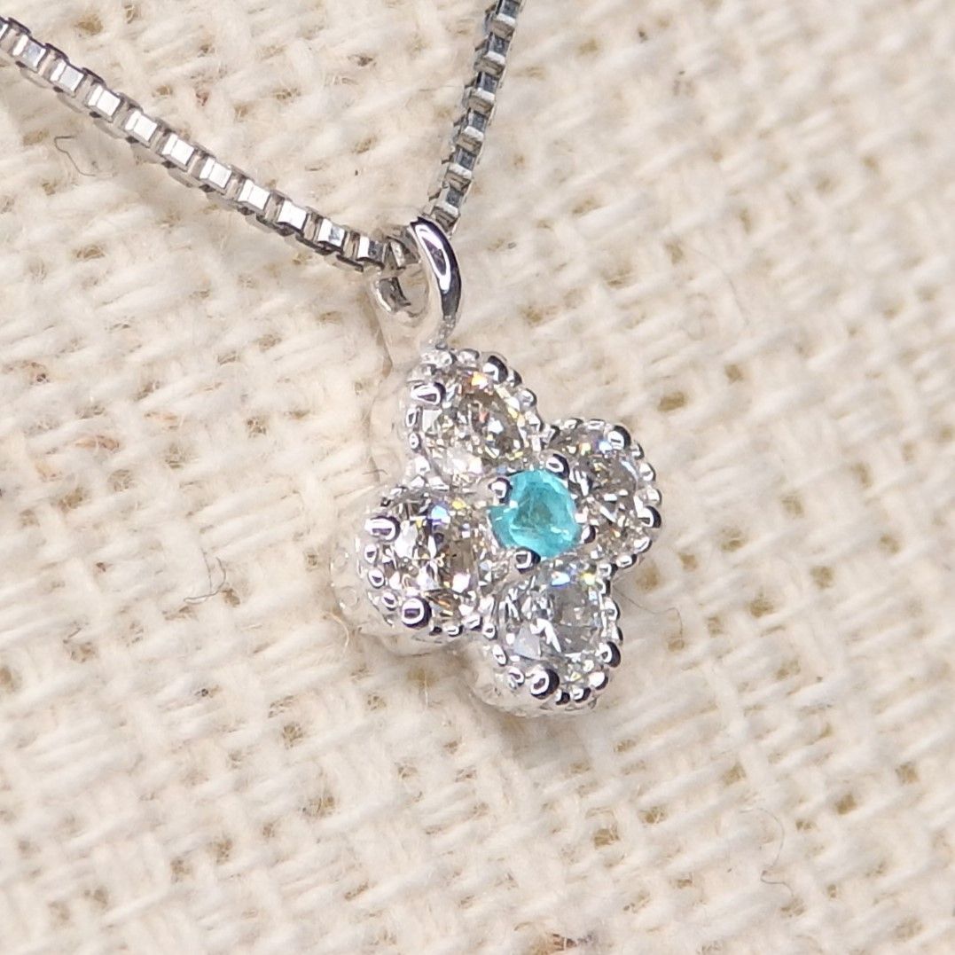 パライバトルマリン ネックレス チェーン付 A0133 0.01ct Pt 四葉 クローバー