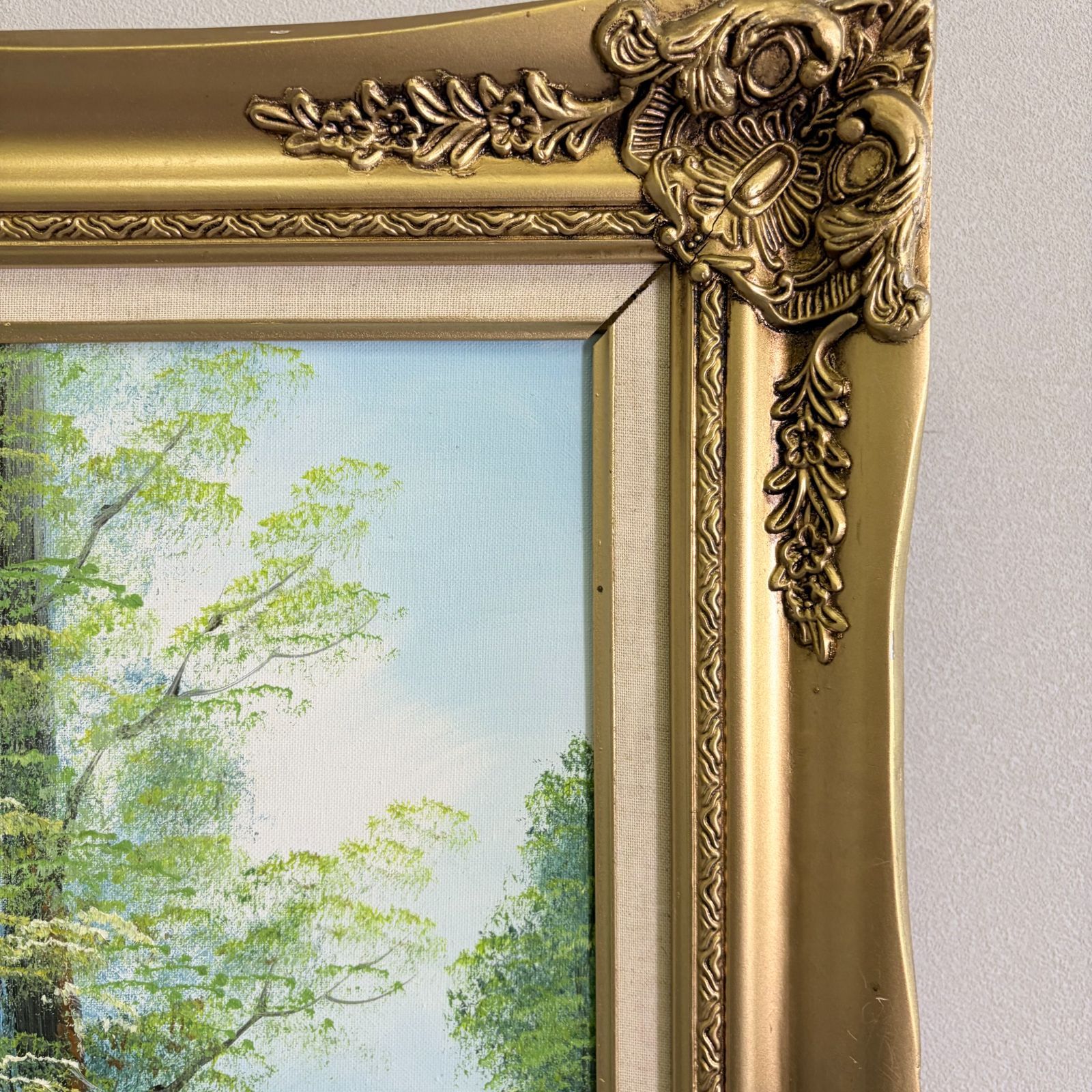 油彩画 自然の風景 絵画 サイン入り ヴィンテージ 豪華額縁 金色 油彩